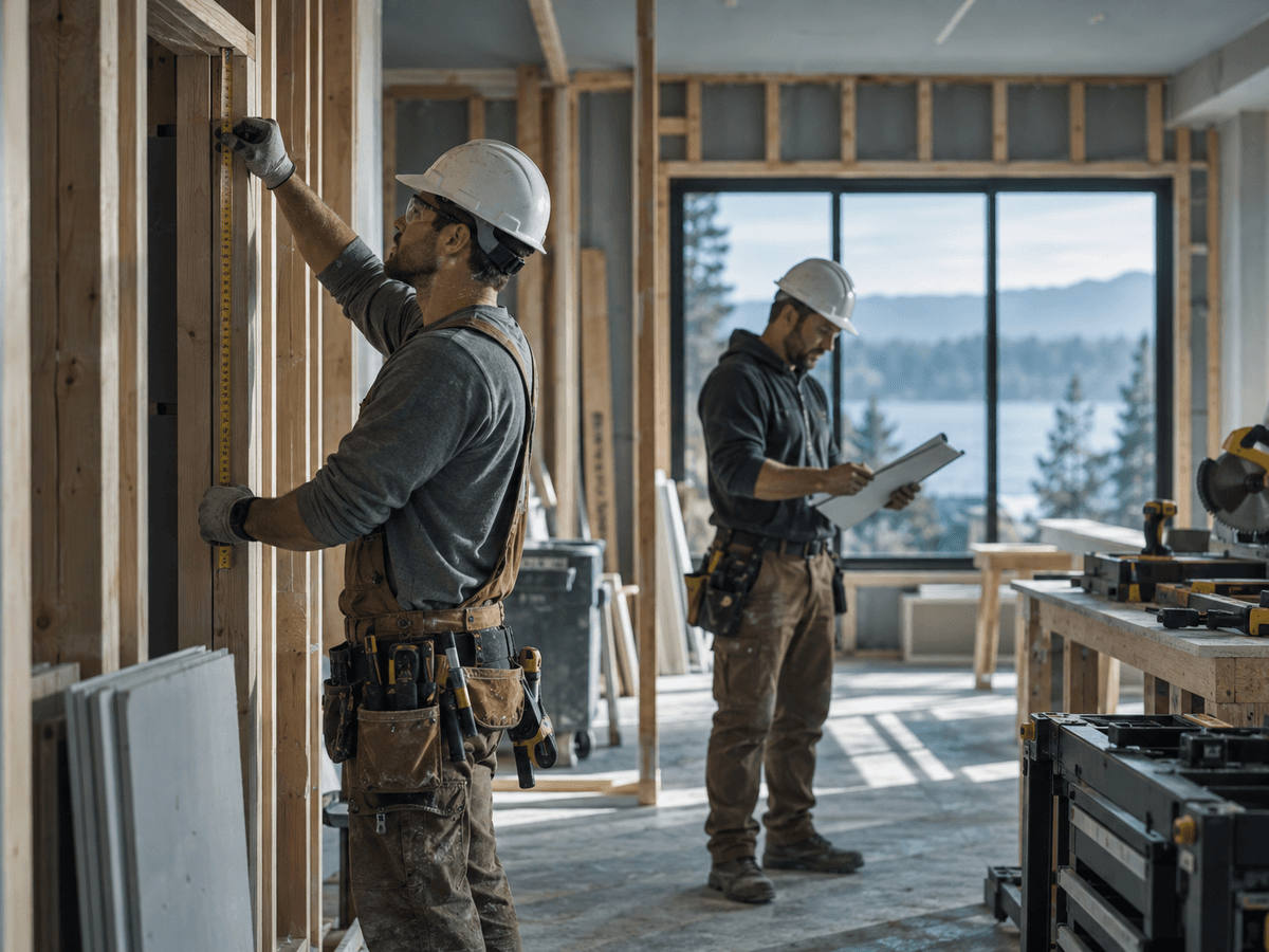 Two WestPoint craftsmen measuring a framed wall opening on a residential renovation site